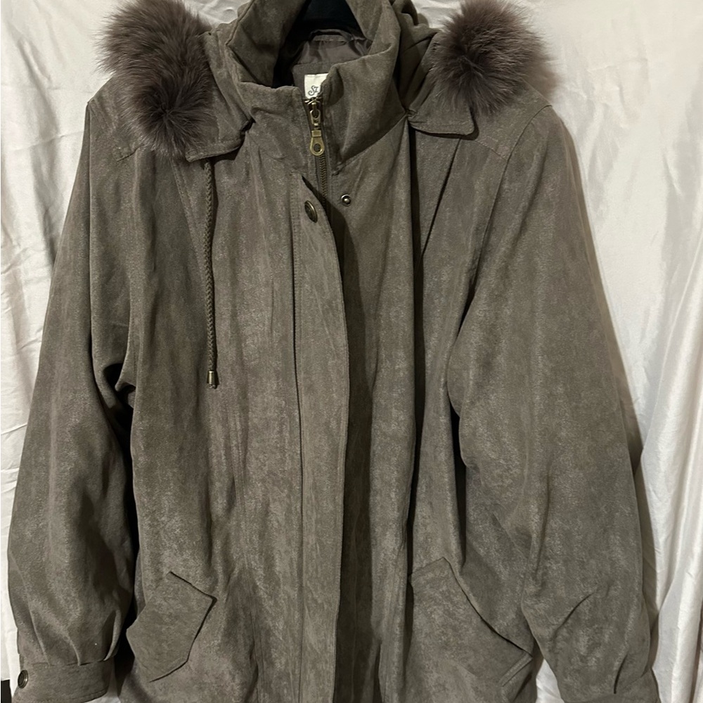 St. John's Bay Taupe Fox Fur Trim Hooded Jacket